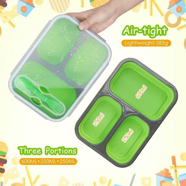 Hopfällbar Silikon Bento Box 3 Fack Eco Silikon Hopfällbar Bento Lunch Box Kit BPA-fri, Säker i Mikrovågsugn, Diskmaskin och Frys (Grön)