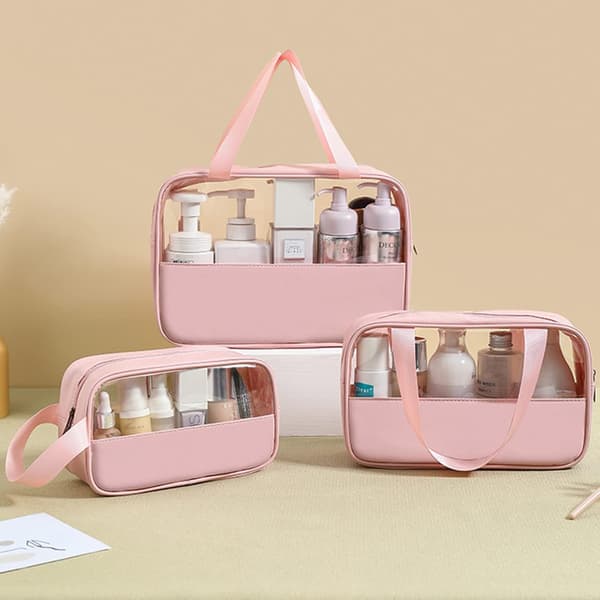 (Rosa) 3-delad transparent necessär, vattentät PVC-necessär
