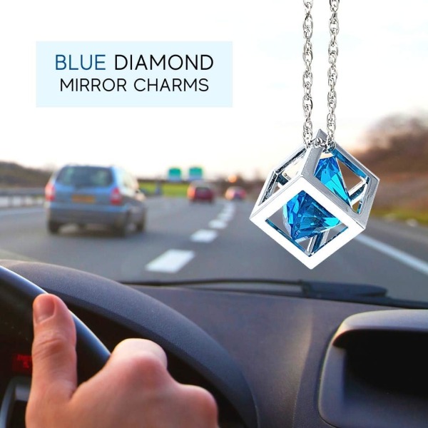 (Blå) Blue Diamond Cube Crystal Car Rearview Mirror Charms, Blin