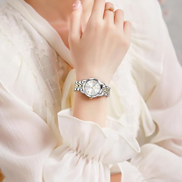 OLEVS Dameur, Romertal Luksus Diamantur Vandtæt Analog Quartz med Datovisning til Kvinder White dial/gold silver strap