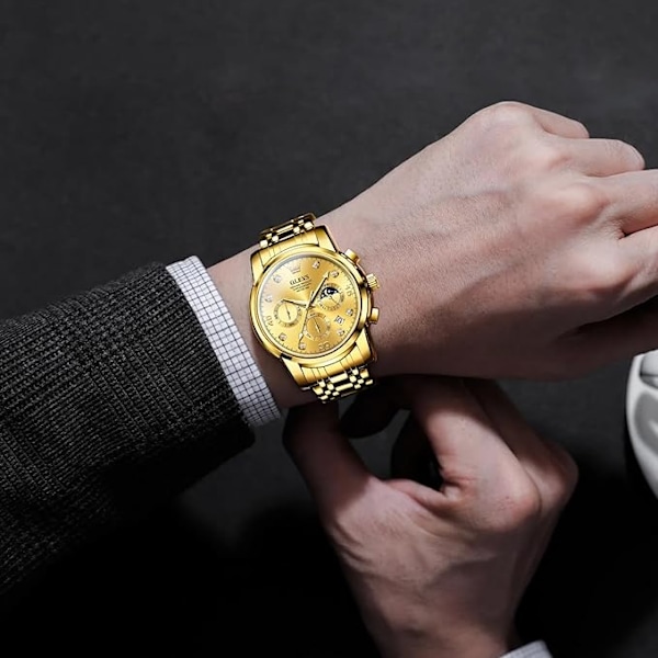OLEVS Herrklocka Chronograf, Vattentät Multifunktionell Urtavla med Datum Diamantklockor för Män Gold Dial/Gold Band