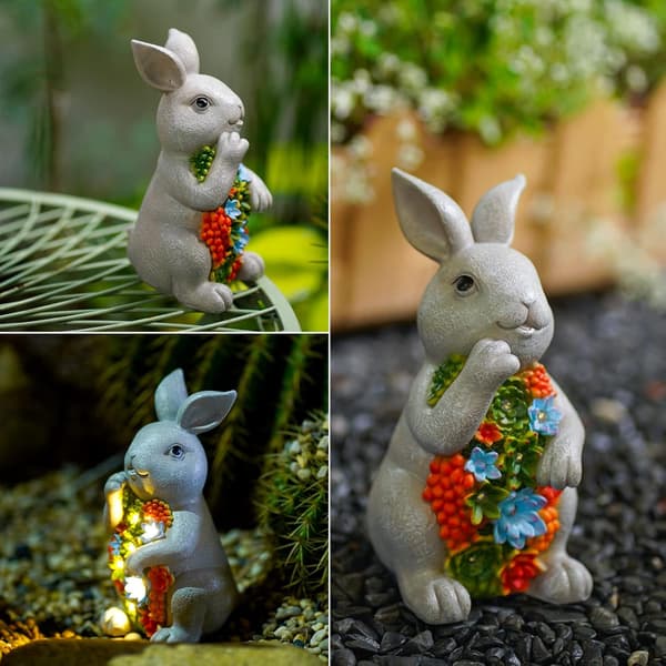 Kaninstatue Solcelle Hagepynt med Sukkulent 7 LED Solcellelys 20CM
