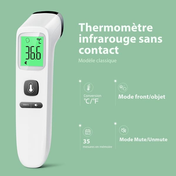 Beröringsfri panntermometer, babytermometer, exakt avläsning med LCD-display, tyst läge, minnesåterkallelse (vit)