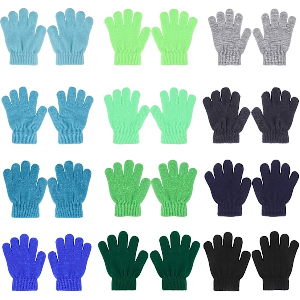 Magiska barnhandskar - 12-pack gradientfärger vinter barnhandskar stretch helfingerhandskar för pendling lek löpning