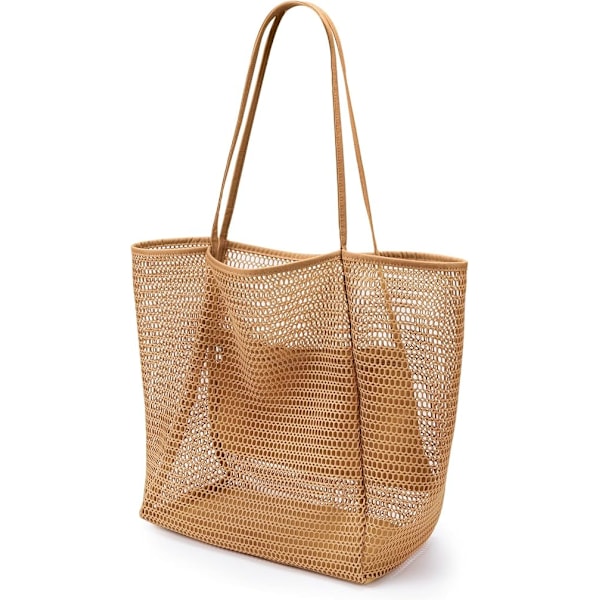 Strandväska i Mesh, Casual Tote Bag Kvinnor Vikbar MAX Axelväska För Strand Picknick Semester Khaki