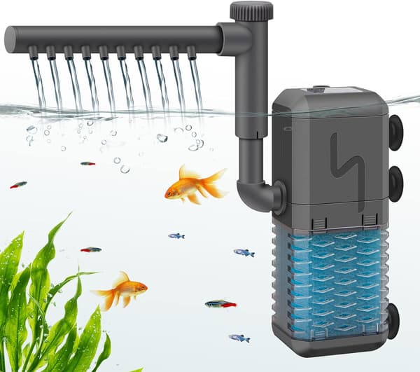 Justerbart akvariefilter, 600 l/h, intern filterpump med spraybar, tyst 6W sänkbar filter