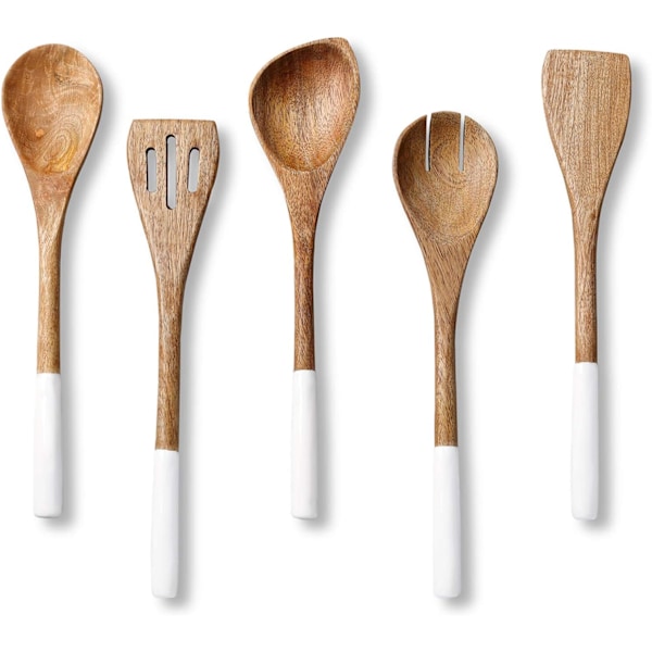 Träslevar för Matlagning Set för Kök, Non-Stick Köksredskap eller Redskapsset om 5, 30 cm, Akaciaträ, Vit