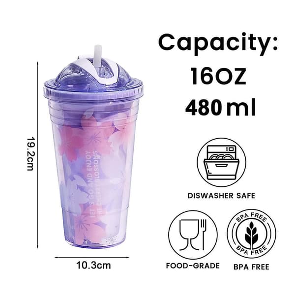 480ml iskopp, plastvattenkopp, sommarhalm, handhållen kopp, söt bärbar vattenkopp Pink purple