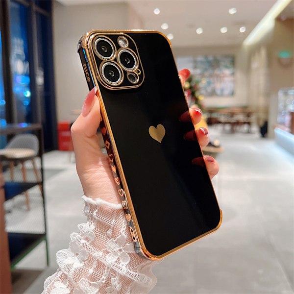 iPhone 16 Skal Flicka Kvinna Söt Flickig Kärlek-Hjärta Lyxig Guld Mjukt Omslag Kameraskydd Silikon Stötsäker Telefonfodral för iPhone 16, Svart iPhone16