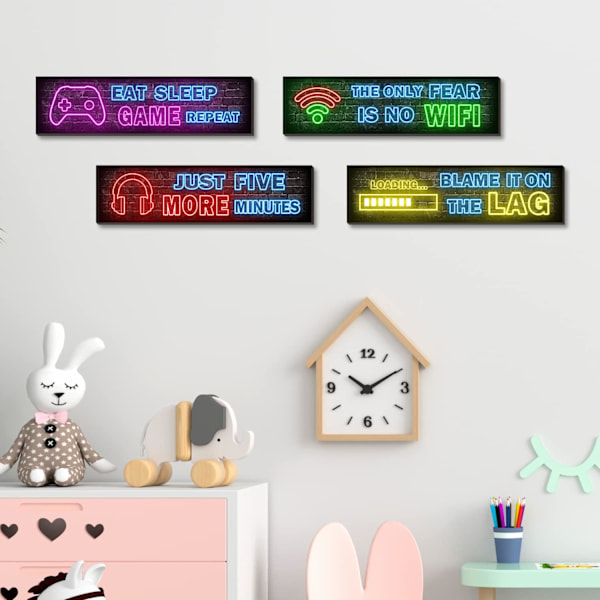 4 st Tryckta Neon Gaming Posters, Tonårspojkars Rumsdekorationer, gamer väggkonst Dekor för sovrum Trä