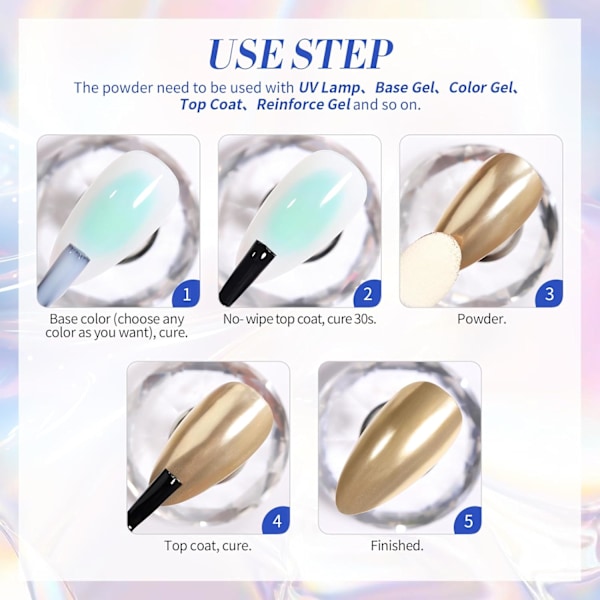 Krom Nagelpulver, Vitt Pärlmetallic Spegel Holografiskt Krompulver för Naglar, Pärlglitter Pigment Damm Kit Nagelkonst Dekoration