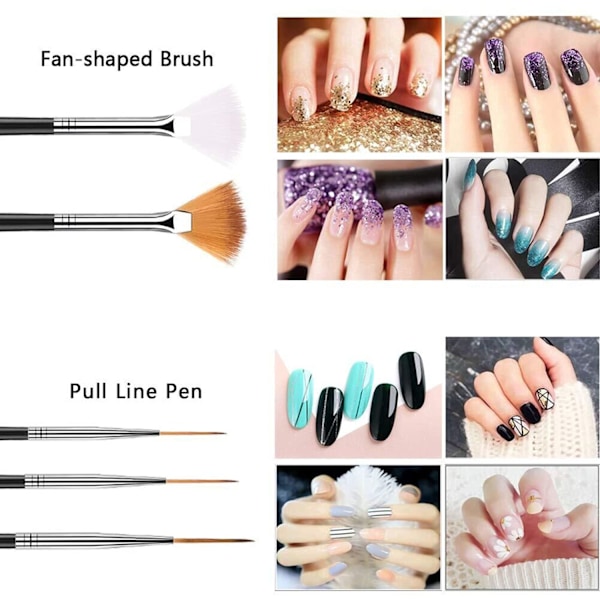 20 st Nail Art Design Verktyg, 15 st Målningsborstar Set med 5 st Punktpennor, SVART