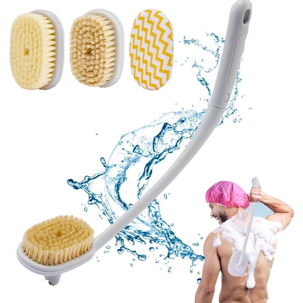 Ryggskrubbare Kroppsborste Långt Handtag för Dusch, 3 i 1 Badtvätt Exfolierare, Styv Borst och Exfolierande Borsthuvud
