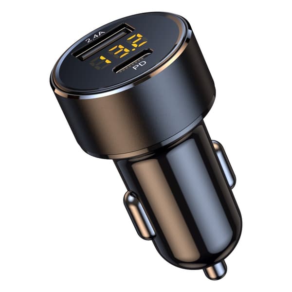 Dobbel USB billader med Type-C 18W og LED voltmeter, 12-24V universell hurtiglading, kompakt svart, opptil 80W