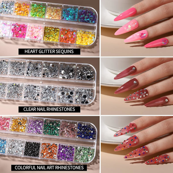 Nagelset, Nageldesignverktygssats med nagelkonstborstar, Nagelprickverktyg, Fint glitter, Nagelfjäril, Nagelhjärta Glitterpaljetter, Folieflingor