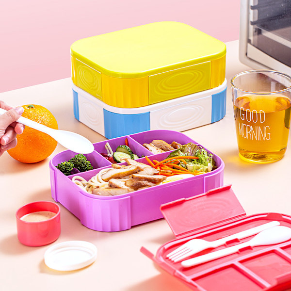 Matlåda för Vuxna 1330ml Bento Box med 6 Fack, med Bestickset, Läcksäker Matlåda, Rosa