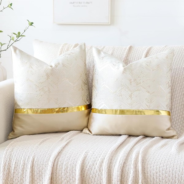 Set med 2 Kuddfodral för Säng Soffa Bil Dekoration Lyxig Modern Minimalistisk Guld Läder Sömmar Vågig Ränder 45x45cm (Beige)
