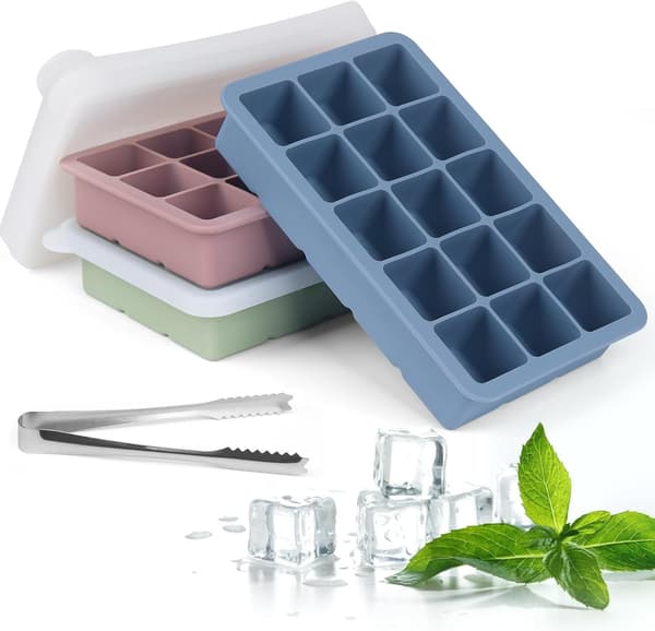 Isbitsform med lock och tång, 3-pack 45 kuber, stora återanvändbara silikonisbitsformar och BPA-fria (Rosa+Blå+Grön)