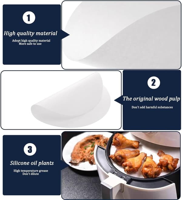100 runde non-stick bageplader — Bagepapir til airfryere og dampkogere (15 cm) (6 tommer)