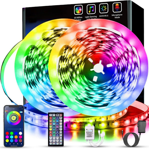LED-slingor 30M (2 rullar om 15M) Bluetooth Smart App-styrning Musiksynkronisering Färgskiftande RGB LED-ljusslingor med fjärrkontroll