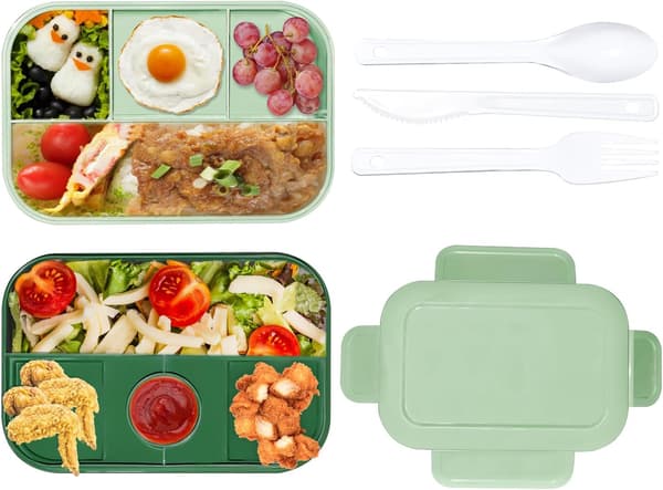 Matboks med bestikk og flere rom for salater, sauser, snacks, 2-lags lunsjboks