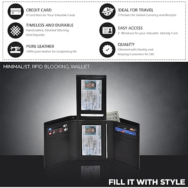 Äkta Läder Trifold Plånbok för Män - RFID Plånböcker Slim 9 Kreditkortsfack 2 ID-fack Present till Män