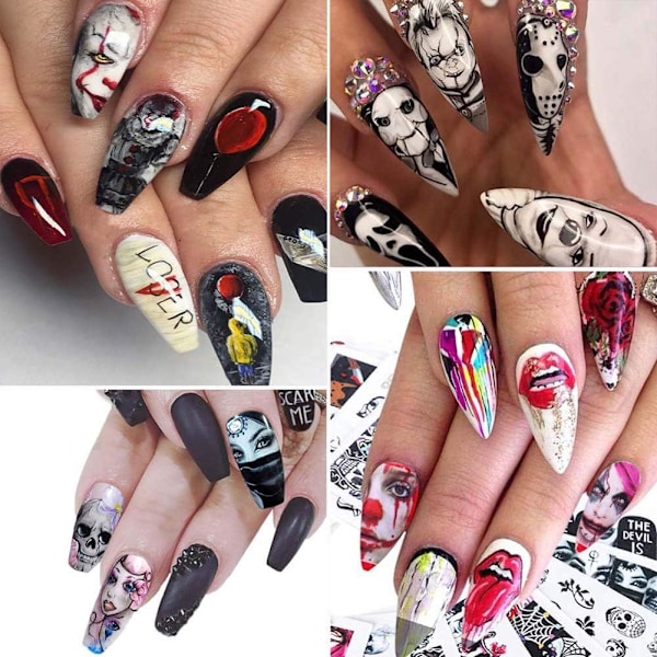 Halloween Nagelstickers Dödsdagens Vattenöverföring Nageldekaler 24 Ark Skalle Spöke Öga Hulk Clown Häxa Nagelkonst Dekaler