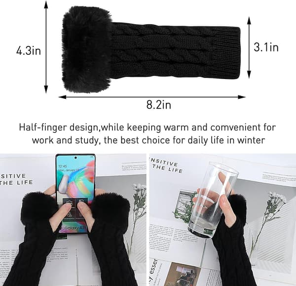 Fingerløse hansker for kvinner - Vinter håndleddsvarmere for damer, termisk strikket arm