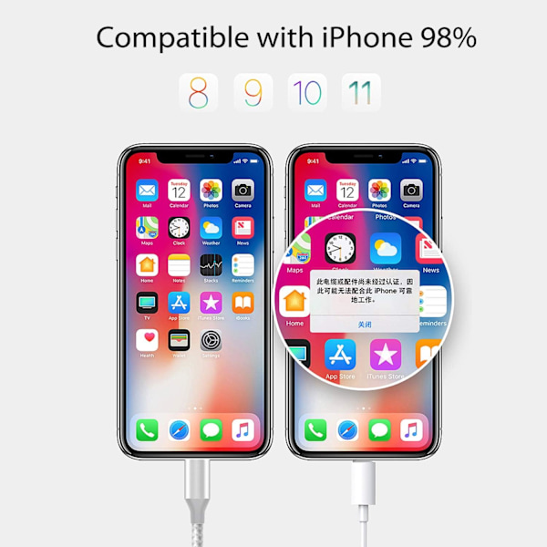 iPhone Laddningskabel 3-pack 3FT/1M Nylonflätad Snabbladdning & Synkronisering iPhone Sladd Vit