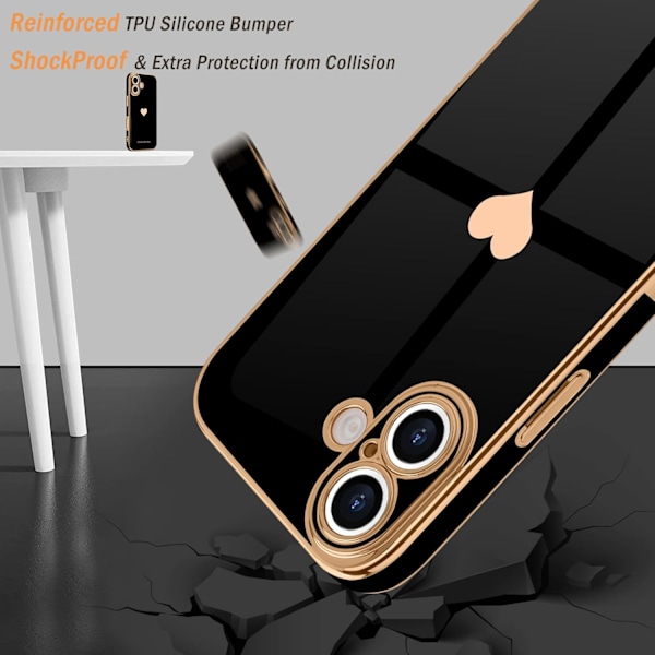 iPhone 16 Pro Max Skal Flicka Kvinnor Flickigt Kärlekshjärta Lyxigt Guld Mjukt Skydd Kameraskydd Silikon Stöttåligt Telefonskal för iPhone 16 Pro Max iPhone16 pro max