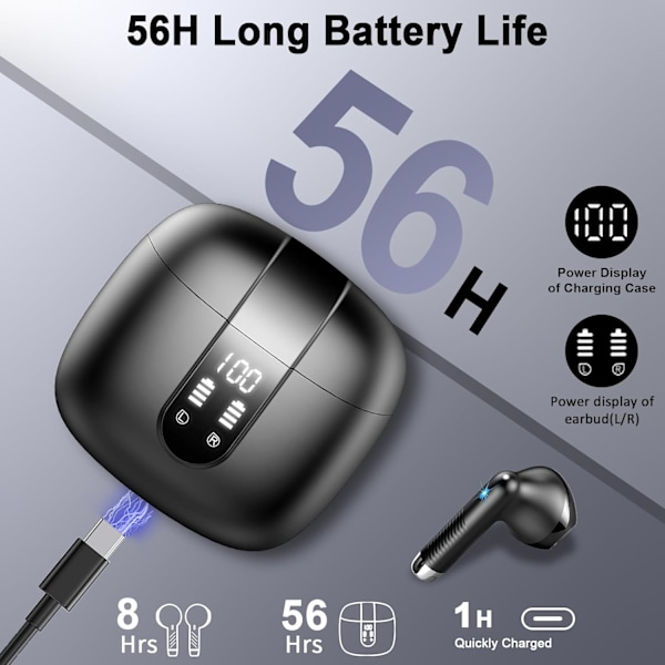 Bluetooth 5.3 Trådlösa Hörlurar med 4 ENC Mikrofoner, 56H Hörlurar In-Ear Brusreducering Djup Bas, IP7 Vattentät LED-Display