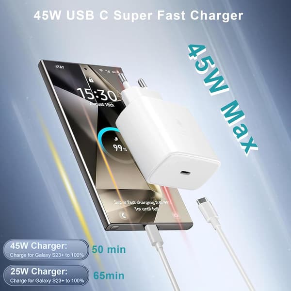 45W USB-C GaN hurtigoplader med 1m kabel til Samsung, iPhone, iPad & Android Hvid