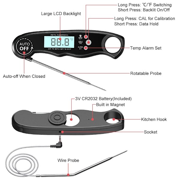 Digital Kötttermometer, Snabb & Exakt Avläsning Grilltermometrar med 102cm Trådsond, för Kök, Utomhusmatlagning, BBQ