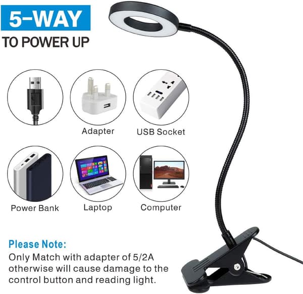 USB LED Skrivebordslampe med Klemme, 3 Lysmoduser 10 Dimbar Lysstyrke Justerbar for Lesing Studering Arbeid Video Belysning