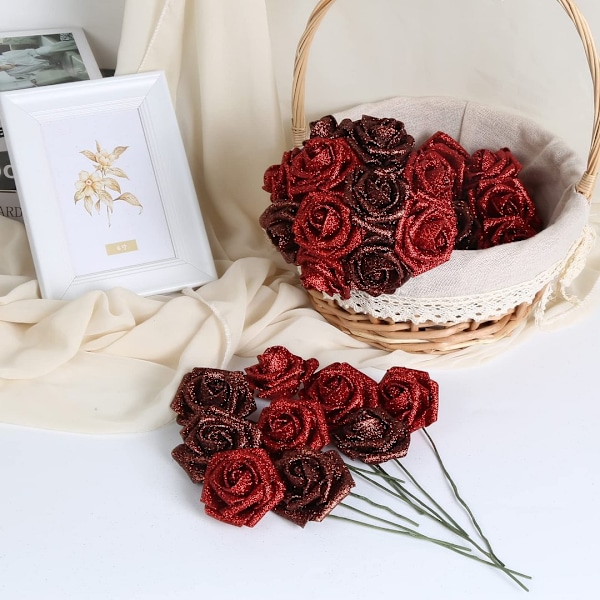 Glitterrosbukett Blå Konstgjorda Rosblommor Bukett Eviglysande Blanka Falska Rosor Presenter Till Alla Hjärtans Dag Present, Jubileum, Förlovning red