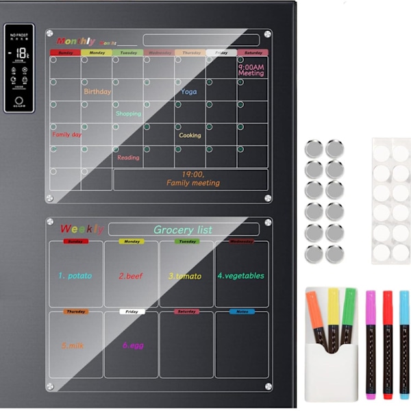 Akryl Magnetisk Kalender för Kylskåp, 2-pack 30x40cm/12x16tum Klar Kylskåpskalender, Månadsplanerare och Veckoplanerare