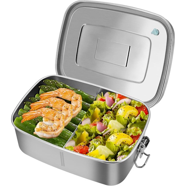 Läcksäker Lunchlåda, Rostfritt Stål 1100ML Bento Box med 2 Fack, Mat Smörgås Sallad Låda Förvaringsbehållare