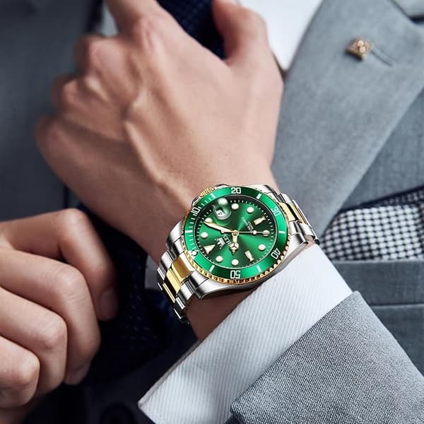 OLEVS Herreklokker Svart Green Dial/Gold Silver Band