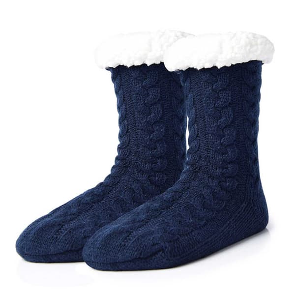 Furry varme strikkede sokketøfler med sklisikker blå blå one size blue