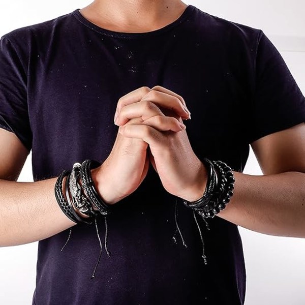 Flätat PU Läderarmband Punk Rock Manschett Armband för Män Kvinnor Justerbart Svart