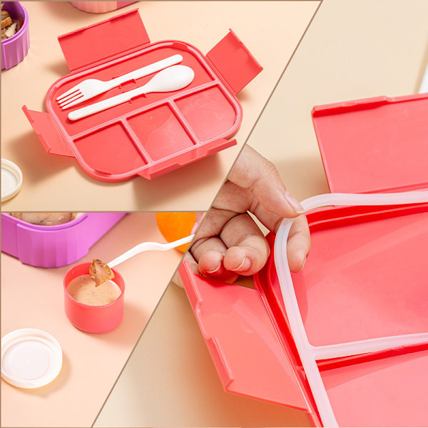 Matlåda för Vuxna 1330ml Bento Box med 6 Fack, med Bestickset, Läcksäker Matlåda, Rosa