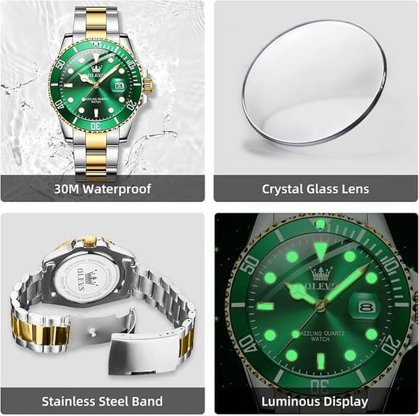 OLEVS Herrarmbandur Svart Green Dial/Gold Silver Band