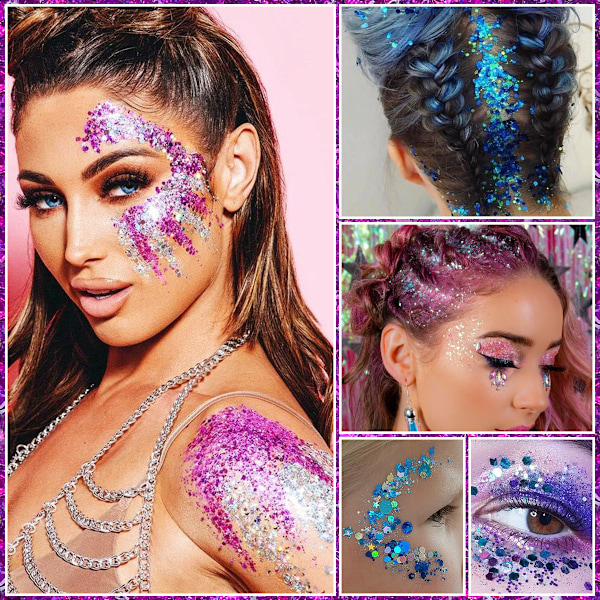 Kropps- och ansiktsglitter, blått kroppsglitter, hårglittergel, 6 former sminkglittergel för ansikte, kropp, hår, glitter för Halloween-smink