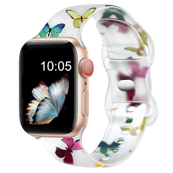 Blommig Rem Kompatibel med Apple Watch Rem 38mm 40mm 41mm för Kvinnor, Mönstrad Mjuk Silikonarmband 38/40/41mm-S/M, Fjäril 38/40/41mm