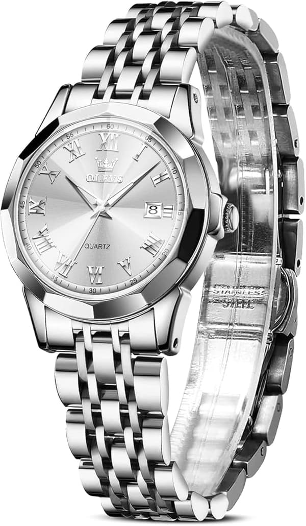 OLEVS Dameur, Romertal Luksus Diamantur Vandtæt Analog Quartz med Datovisning til Kvinder White Face + silver Strap