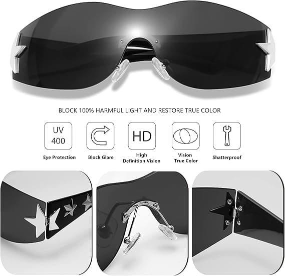 Rammeløse Y2K Solbriller Stjerne Wrap Around Briller Tilbehør til Kvinder Mænd Trendy Mode Cool Shield Shades style 2