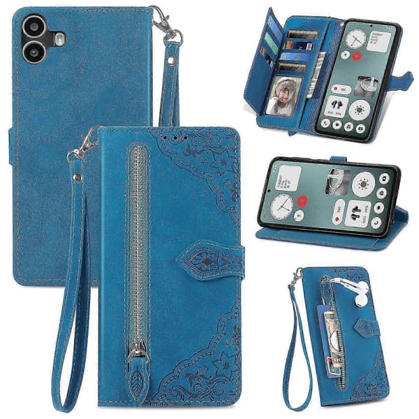 Fodral med dragkedja för Nothing CMF Phone 1 med magnetisk korthållare, skyddande plånboksfodral blå Blue