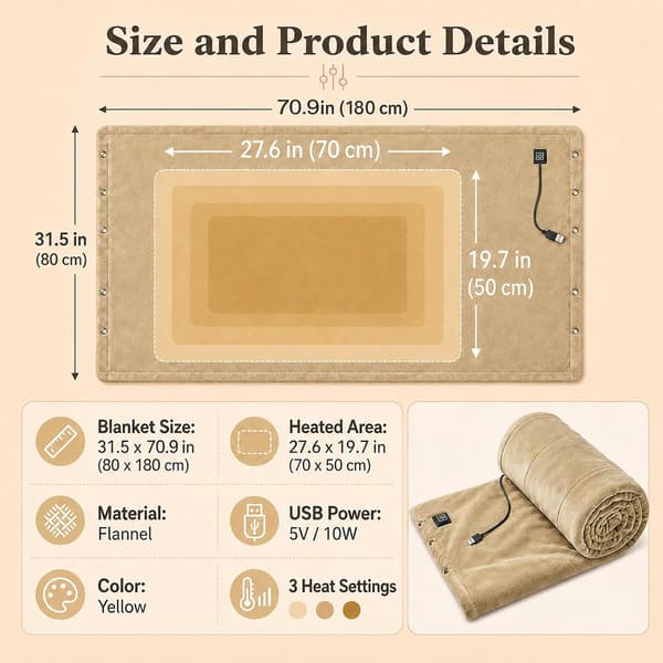 USB-uppvärmd pläd 10W 5V elektrisk flanell gul 1,6m