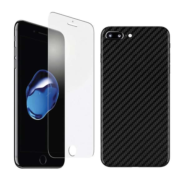 iPhone 8 Plus skjermbeskytter + karbonfiber bakbeskytter transparent