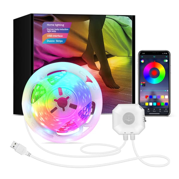 LED-remsa med rörelsesensor för inomhusbruk, RGB-styrning via app, USB-driven, 3 m, perfekt för kök, trappor, garderober